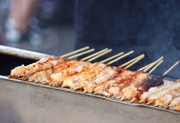 Small pieces of meat being cooked on a skewer. kebabs