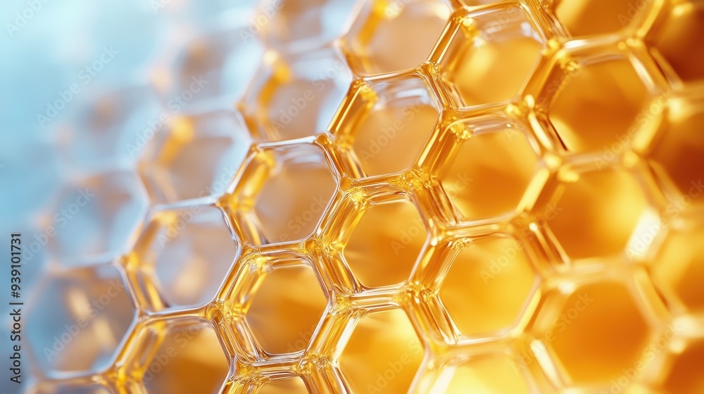 Aufkleber Close-up image of a honeycomb pattern with golden hues, displaying the intricate hexagonal structure of the bee-made architecture.