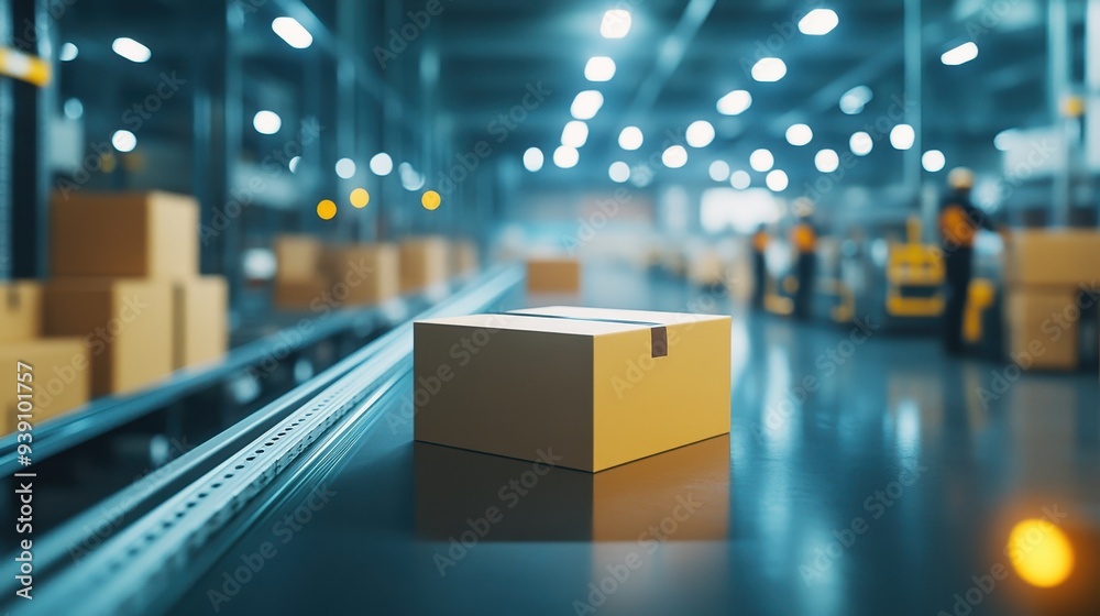 Aufkleber cardboard package on conveyor in a distribution center with blurred background. industrial processin