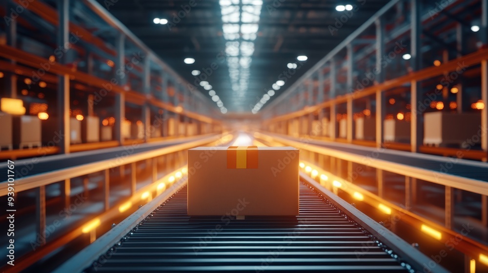 Aufkleber cardboard box on automated conveyor belt inside modern warehouse with bright lighting, depicting eff