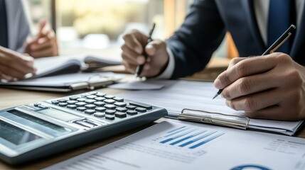 An administrator businessman financial inspector and secretary are involved in making reports and calculating balances with the Internal Revenue Service checking documents focusing on