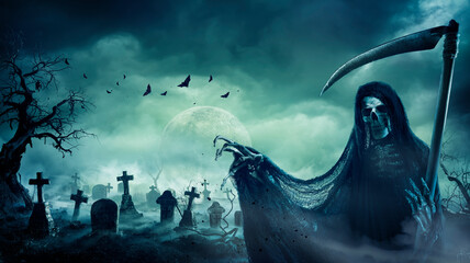 Grim Reaper In Graveyard With Halloween Moon