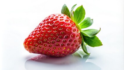 Delicate, isolated ingredients on white background, featuring a single, gleaming, organic strawberry, accentuating its natural texture and vibrant color, evoking feelings of freshness and serenity.