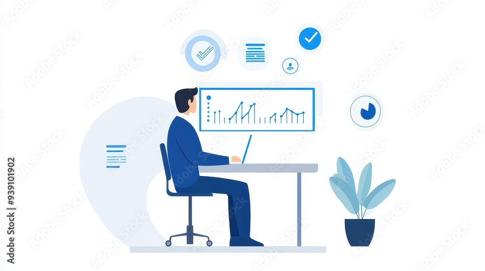 Fototapete Businessman analyzing data on a computer screen. Office setup with plants and digital analytics icons. Concept of remote work and data analysis.