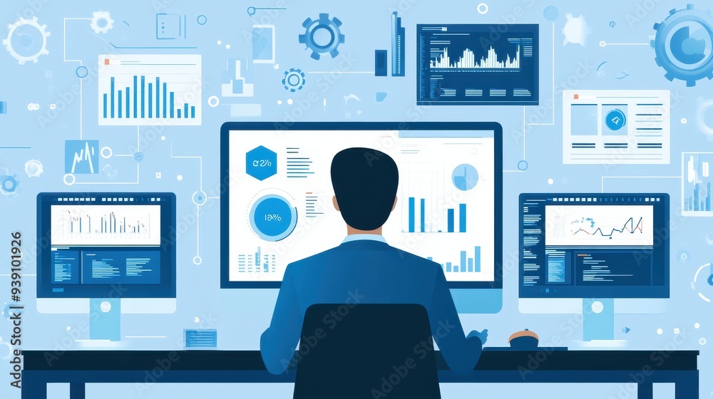 Fototapete Businessman analyzing data and statistics on multiple computer screens in a modern office setting with complex charts and graphs.