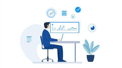 Businessman analyzing data on a computer screen. Office setup with plants and digital analytics icons. Concept of remote work and data analysis.