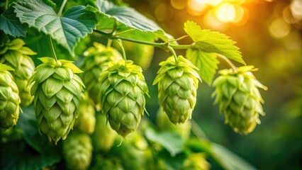 Delicate, pale green hops cones contrast against a soft, blurred natural background, creating a serene atmosphere perfect for beer enthusiasts and nature lovers alike.