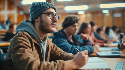 Obraz premium A young adult taking notes during a lecture in a college classroom