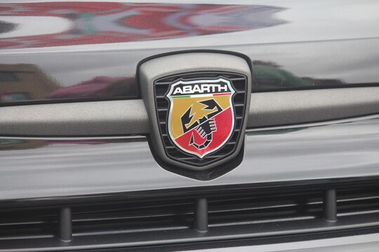 Sydney, NSW Australia - August 18 2024: Abarth badge on the bonnet of a black car .