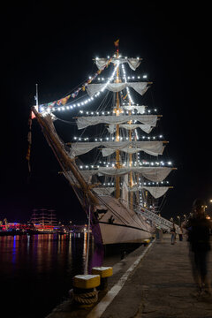 SZCZECIN, WEST POMERANIAN - POLAND - AUGUST 02, 2024: The Ecuadorian Navy sailing ship BAE Guayas at representative port quay
