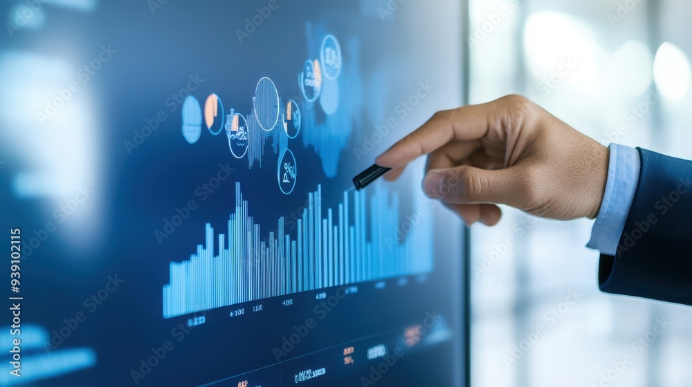 Aufkleber business professional analyzing data on a digital screen, showcasing graphs and charts for financial