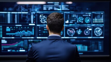 Business professional analyzing data on multiple screens, focusing on digital analytics, big data trends, and technology insights in a modern office.