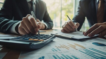 Auditor and accountant team collaborating in an office analyzing financial data and accounting records with a calculator The accounting firm offers financial and tax planning services for