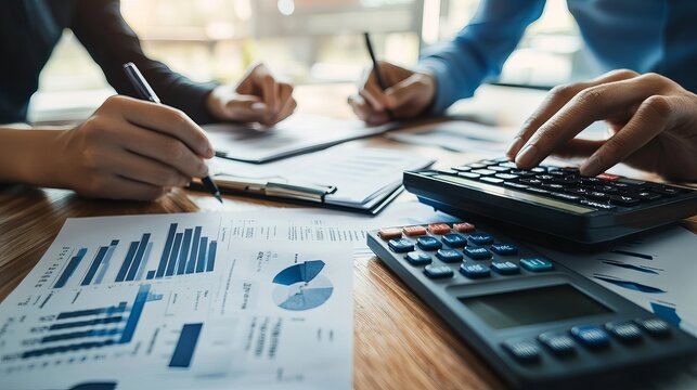 Auditor and accountant team collaborating in an office analyzing financial data and accounting records with a calculator The accounting firm offers financial and tax planning services for