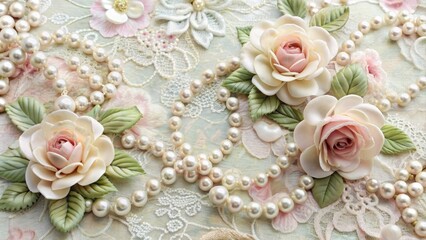 Delicate floral pattern adorned with soft pastel hues, romantic lace, and dainty pearls, evoking a sense of vintage elegance and sophisticated femininity.