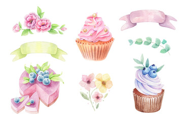 Set of beautiful food illustration isolated with cake, cupcakes, flover decor, ribbons. Perfect for celebratory designs, scrapbooking, invitations, and greeting cards with a bright and charming theme.