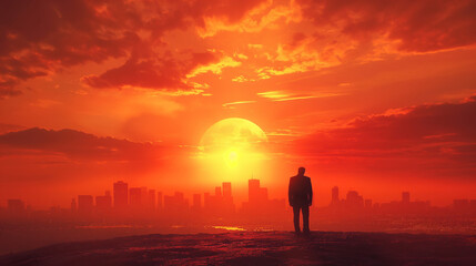 Obraz premium Solitary figure watching a vibrant sunset over an urban skyline.