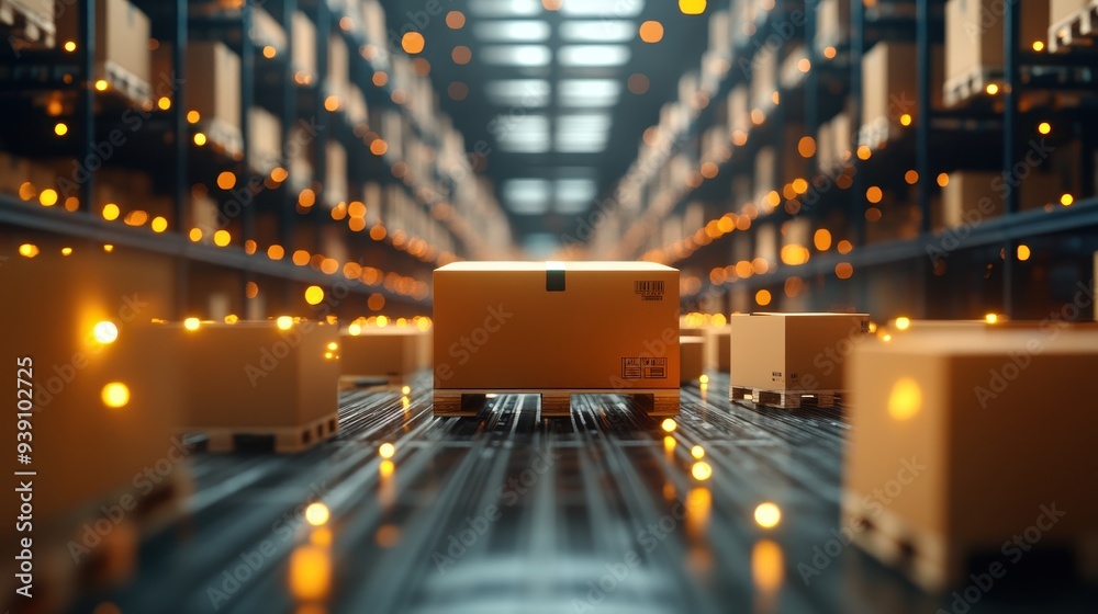 Poster Autonomous robots navigating through a modern warehouse filled with packages, highlighting automated packaging and fulfillment systems.