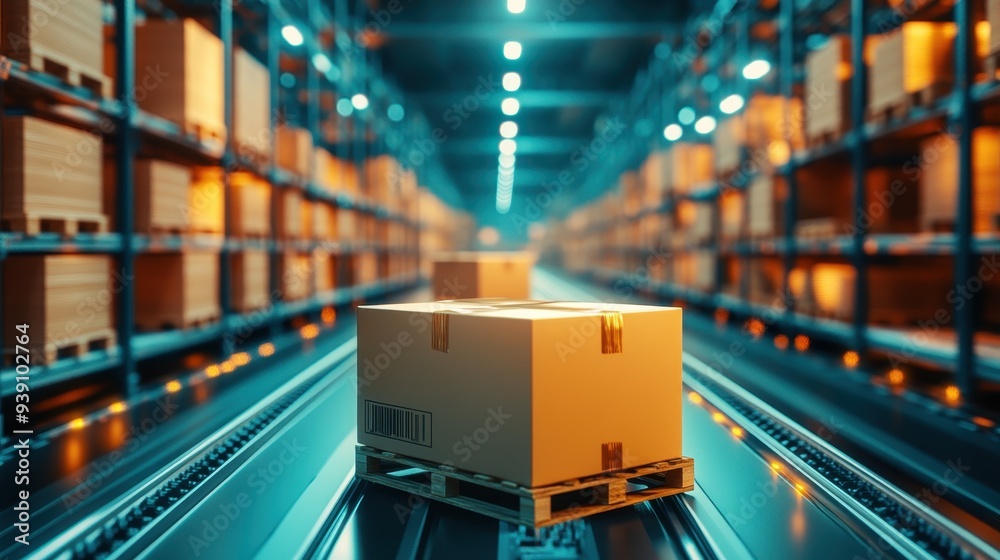 Aufkleber automated warehouse with packages on conveyor belts. modern logistics and efficient storage systems 