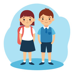 Schoolboy and Schoolgirl in Uniforms with Backpacks - Vector Illustration