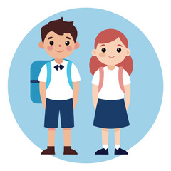 Schoolboy and Schoolgirl in Uniforms with Backpacks - Vector Illustration