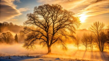 Obraz premium Delicate mist swirls around transparent leafless tree branches, softening the winter landscape with an ethereal veil of mystery and serenity at golden hour.