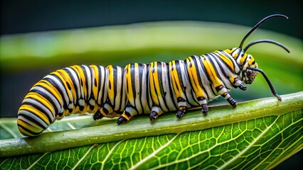 Delicate monarch caterpillar with yellow, black, and white stripes clings to a green leaf, its tiny legs and antennae a blur of activity.