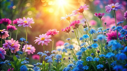 Fototapeta premium Delicate pink and blue flowers bloom together in a whimsical garden scene, surrounded by lush greenery and soft, filtered sunlight, evoking a sense of serenity.