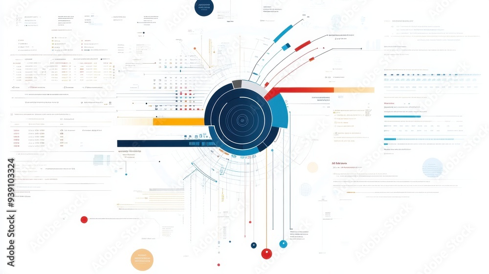Poster Abstract infographic with various data visualizations, including charts and graphs, on a white background. Perfect for business presentations.