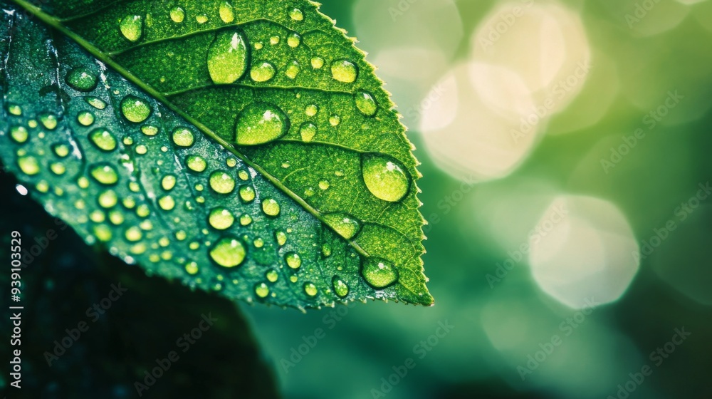 Poster detailed shot of a leaf with droplets of water forming a pattern, with a blurred background emphasiz