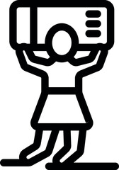 Line icon of a woman lifting a heavy air conditioner, representing delivery service or diy installation
