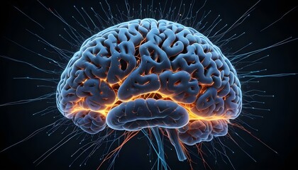 A image of a 3d rendered illustration of a electronic metal human brain with neon growing lightning