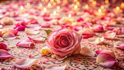 Delicate pink rose petals scatter across a vibrant, intricately patterned floral carpet, creating a romantic and whimsical atmosphere in a soft, natural light setting.