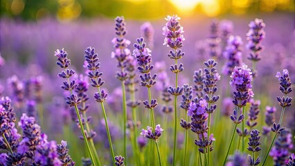 Fototapeta premium Delicate purple blooms of Lavandula angustifolia sway gently in a lush field, capturing the calming essence of the plant's soothing, fragrant essential oil.