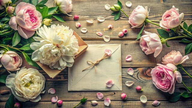 Delicate pink peonies and white roses surround a vintage-inspired wedding invitation on a distressed wooden table, evoking elegance and romance in a whimsical garden setting.
