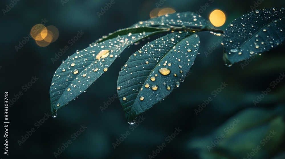 Poster detailed shot of a leaf with droplets of water forming a pattern, with a blurred background emphasiz