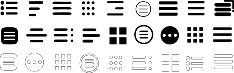 hamburger menu vector set, three line menu icon, UI symbol, user interface vector symbols, navigation elements, web buttons filled and outline designs, flat icons element
