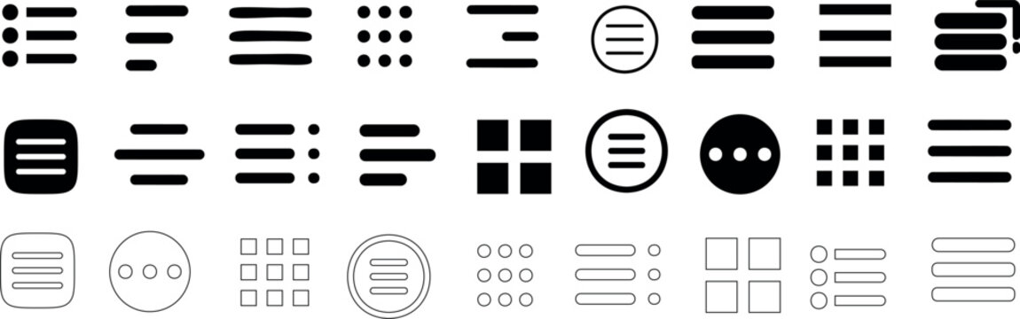 hamburger menu vector set, three line menu icon, UI symbol, user interface vector symbols, navigation elements, web buttons filled and outline designs, flat icons element