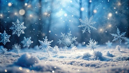 Delicate snowflakes fall gently from the sky, settling as intricate white pieces on frozen ground, creating a serene and peaceful winter wonderland scene.