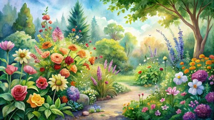 Delicate watercolor illustration of a lush garden scene, featuring vibrant flowers, lush greenery, and subtle textures, evoking a sense of serene whimsy and natural beauty.