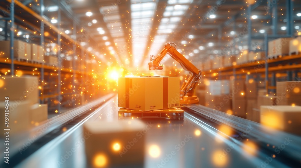 Aufkleber a robotic arm organizes packages in a modern warehouse with automated systems and advanced technolog