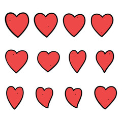 Hand drawn cartoon set of red hearts on white background.