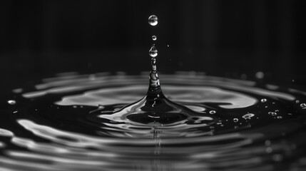 A single water droplet impacting a still surface creating a series of ripples and a splash effect.