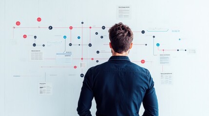 A man stands in front of a complex flowchart on a whiteboard, deep in thought and planning the next steps for a business or project strategy.