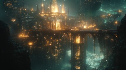 Naklejka premium Golden City Floating Above a Deep Abyss