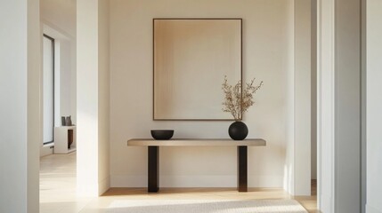 Detailed shot of a minimalist entryway with a sleek console table, simple art, and clean lines