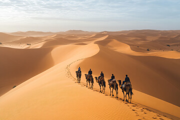 Fototapeta premium Group of people riding camels across the vast Sahara desert dunes