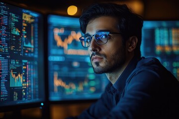 Pensive it specialist analyzing big data on computer screens late at night