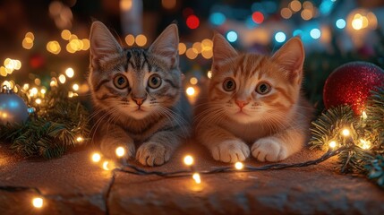 Two adorable kittens relaxing on christmas lights at home
