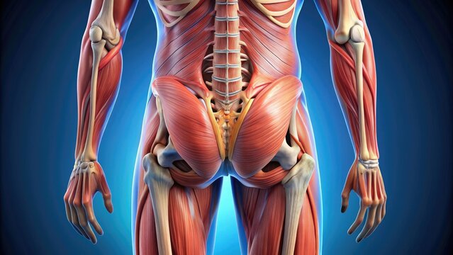 Detailed illustration of the human gluteal region, showcasing the gluteus maximus, medius, and minimus muscles, as well as surrounding bones and tissues in precise anatomical detail.